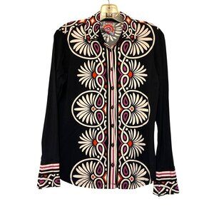 Johnny Was Black Multicolor Floral Button Front Shirt XS Rayon Blend